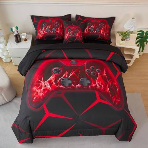 Twin Boys Bedding Set 6 Pieces Black Red Gaming Comforter Set by ZSYAYAHA