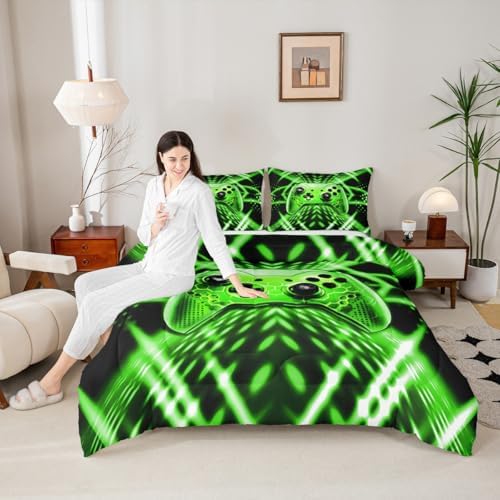 Feelyou Kids Gamer Bedding Set Toddler Size Geometric Game Controller Comforter Set for Boys Girls Teens Game Room Decor Green Black Gaming Duvet Quilt - Image 5