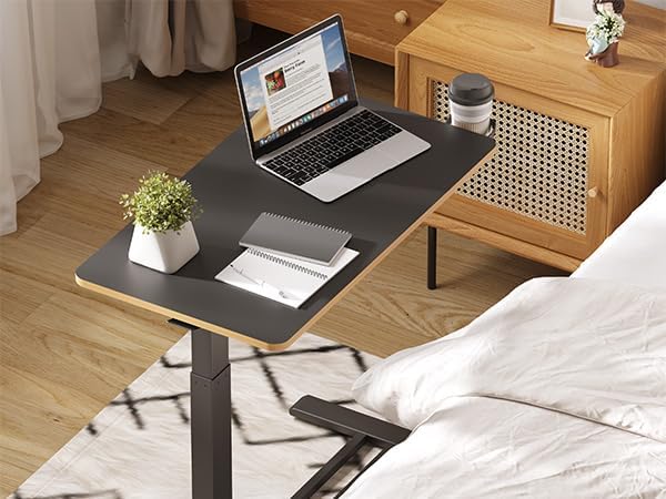 Medical Overbed Adjustable Bedside Table with Hidden Casters, Pneumatic Mobile Rolling Laptop Standing Desk with Tray for Home and Hospital Use, Black - Image 7