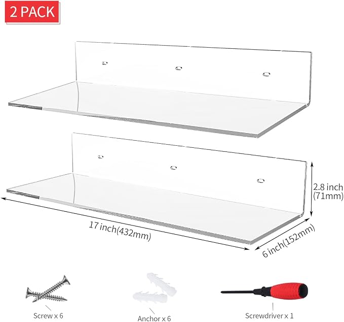 Sezanrpt 17 Inches Acrylic Wall Shelves 2 Pack, Floating Shelf for Wall Mounting, Acrylic Display Ledges for Funko Pop Figures, Home Décor, Living Room, Gaming Room, Plants(17 inch, Clear) - Image 3