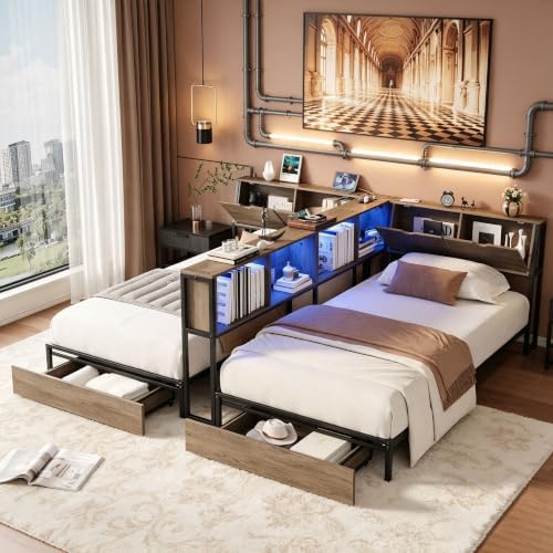 Gray Corner Bed with Drawers, Bookcase, Light & Charging Station, Twin/Twin - Image 4