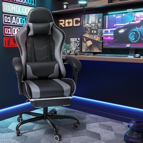 Shahoo Gaming Chair with Footrest and Massage Lumbar Support, Video Racing Seat Height Adjustable with 360°Swivel and Headrest for Office or Bedroom, Grey - Image 2