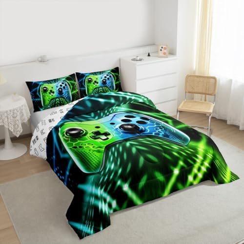 Feelyou Kids Boys Gamer Bedding Set Twin Size Gaming Comforter Set for Boys Girls Teens Blue Green Geometric Gamepad Duvet Quilt - Image 3