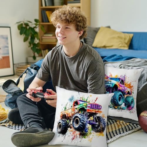 Boys Bedroom Cool Monster Truck Pillow Cover 18x18 Set of 4, Hot Wheel Vehicle Throw Pillow Cover Sofa Couch Bedding Decorative Soft Trucks Cushion Case Toddler Kids Playroom Cave Home Decoration - Image 5