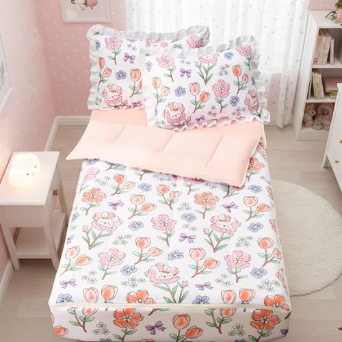 A Nice Night Zipper Bedding for Girls Chic Flower Comforter Set, Cute Rabbits Bow Printed Kids Bedding Set,Twin Size by ANICENIGHT