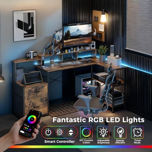 GTPLAYER 73" L Shaped Gaming Desk, Reversible Computer Desk with Power Outlets & LED Lights, Home Office Corner Desk with Storage Shelves, Monitor Stand, and Tower Space, Vintage Brown - Image 3