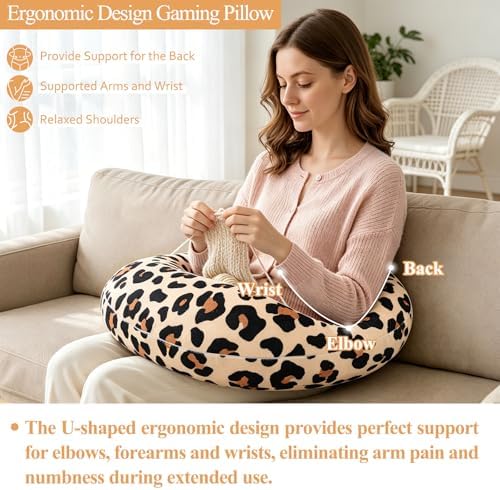 Ergonomic U-Shaped Gaming & Lap Pillow for Crocheting - Cute Leopard Crochet Pillow with Elbow & Arm Support, Lap Desk Pillows for Reading, Playing or Crocheting, Suitable for Adults - Brown - Image 4