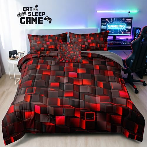 6 Piece Bed in a Bag 3D Block Comforter Set Queen Size for Boys Kids Room Vibrant Red Gaming Block Bedding Set for Boys Girls Kids Teens Bedroom Decorative Queen11 - Image 2