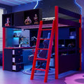 Merax Full Size Wood Loft Bed Frame with Desk and Ample Storage Space, Gaming Bed with Light Strip for Teens Bedroom, Full-Length Guardrails, No Box Spring Needed, Red by Merax