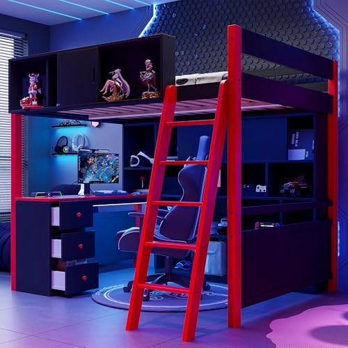 Merax Full Size Wood Loft Bed Frame with Desk and Ample Storage Space, Gaming Bed with Light Strip for Teens Bedroom, Full-Length Guardrails, No Box Spring Needed, Red by Merax