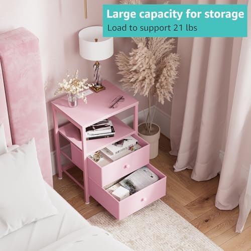 BOLUO Pink Nightstand with Charging Station, LED Night Stand with 2 Fabric Drawers, Bedside Table with USB Ports and Outlets, Nightstand for Bedroom Modern - Image 4