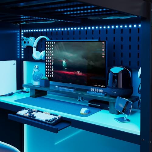 Merax Full Size Loft Bed with Desk and 6 Storage Shelves, Wardrobe, Blackout Curtain, Sturdy Wood Gaming Loft Bunk Bed Frame with USB Port & RGB Lights, No Box Spring Needed, Space-Saving, Black+Blue - Image 5