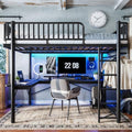 KEIKI Queen Size Metal Loft Bed Frame with L-Shaped Desk, Black by KEIKI