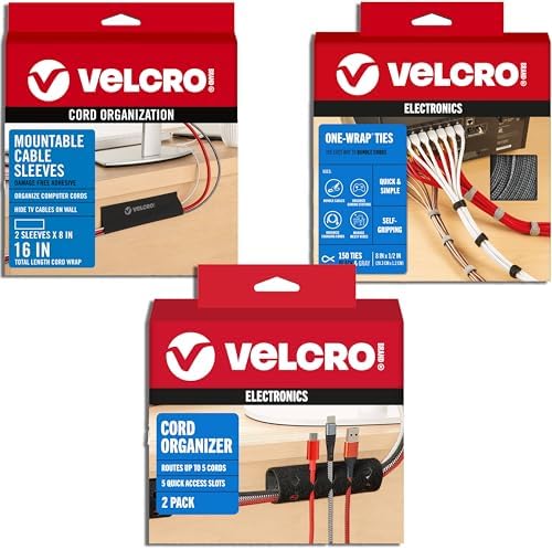VELCRO Brand Complete Desk Cable Management Kit | 8in Mountable Cable Sleeve 2pk + 150pk Reusable Cable Ties + Desk & Nightstand Cord Organizer | Black, Damage-Free Mounting by VELCROBrand