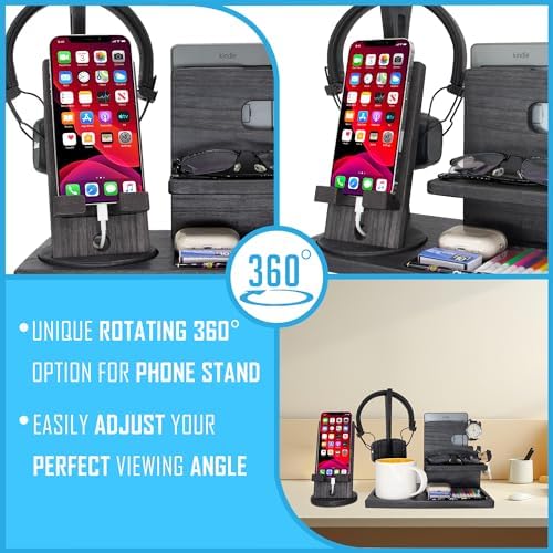 Gift for Men Nightstand Organizer with Headphone Stand & Rotating Phone Stand, Stylish Headphone Holder to Keep Desk Accessories for Men Organized, Unique Dad Birthday Gift, Gifts for Boyfriend - Image 5