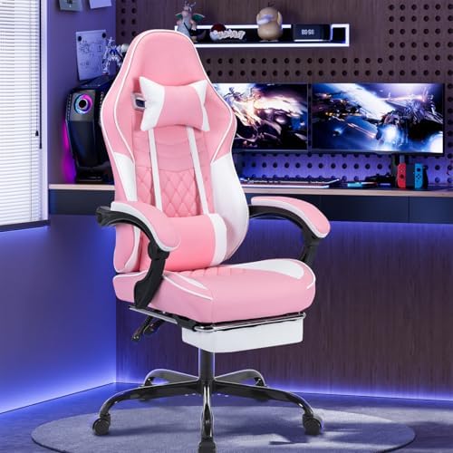Gaming Desk Chair for Adults, Ergonomic Gaming Chair (Pink+White) | with Footrest & Headrest and Lumbar Support, Leather Material Height Adjustable computer Video Game Chairs - Image 2
