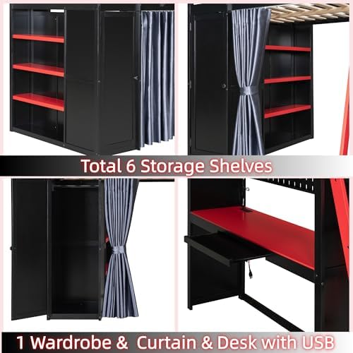 Merax Full Size Loft Bed with Desk and 6 Storage Shelves, Wardrobe, Blackout Curtain, Solid Wood Gaming Loft Bed Frame with USB Port & RGB Lights, No Box Spring Needed, Space-Saving, Black+Red - Image 7