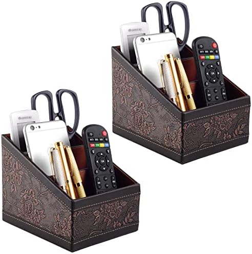 Fashionable PU leather TV remote control Holder with 3 compartments, Desk Caddy Organizer for DVD Cable Plus notepad and pen Chapstick Fingernail clippers Letter opener All in one Retro(2 pieces) by RHCSZ