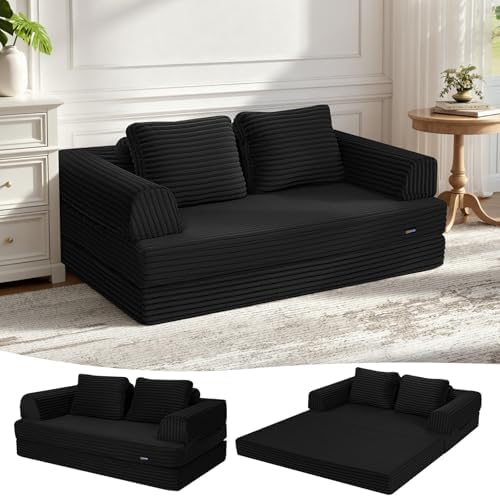 COMAX Convertible Sofa Bed, Folding Floor Couch Corduroy Fold Out Couch Bed Futon Sleeper Mattress with Pillows, Boneless Sofa Comfy Lounge Loveseat for Living Room Bedroom, Plush Black by COMAX