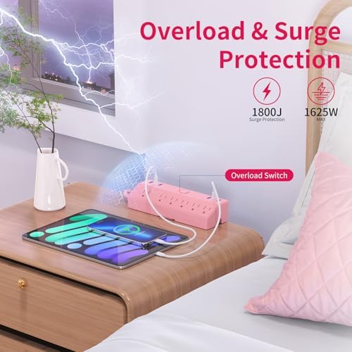 Pink Desk Clamp Power Strip 6FT with 40W USB C Ports, JXGUCAT Flat Plug Desk Mount Power Strip Surge Protector, Removable Extension Cord with 2 USB-C Ports 6 Outlets, Fits 1.8" Tabletop Edge - Image 4