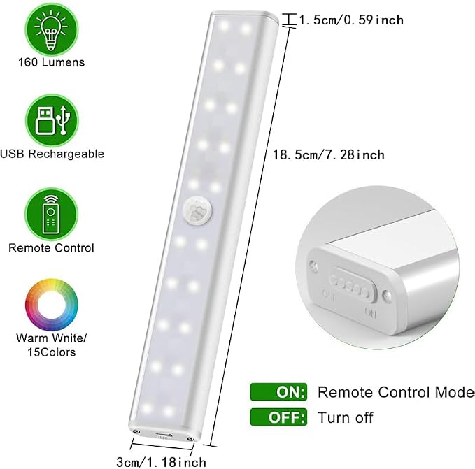 Diomart 48 LED Under Cabinet Lighting Wireless, 15 Colors Changeable Rechargeable RGB Under Cabinet Lights Remote Control Under Counter Lights Mini Night Light Bar for Indoor Display Shelf, 4 Pack - Image 4