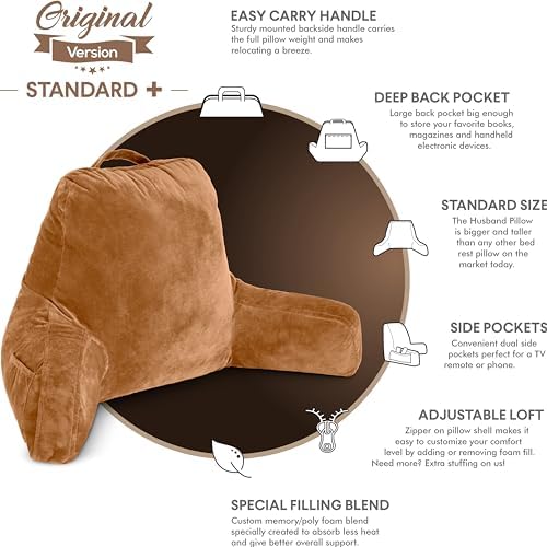 Husband Pillow Tan, Original Reading Pillow in Bed Rest Chair, Shredded Memory Foam Large Lounge Cushion Adult Backrest with Arms, Comfy Back Support for Sit Sitting Up, Washable/Removable Cover - Image 5