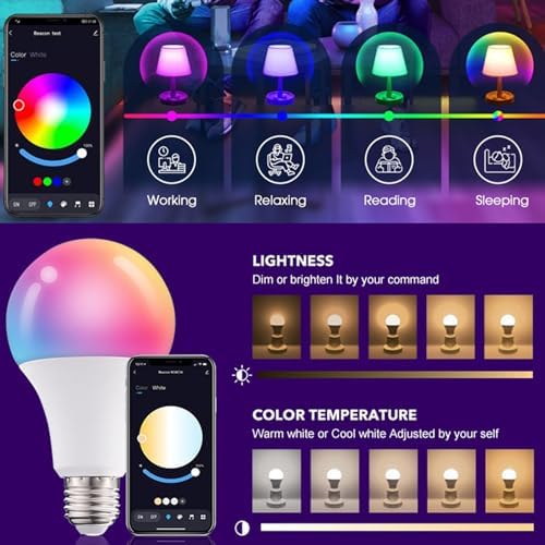 4 Pack Smart Light Bulbs,WiFi & Bluetooth LED Light Bulb That Works with Alexa & Google Home, Color Changing Light Bulb, 10W A19 E26 2.4Ghz WiFi Light Bulbs 60 watt Equivalent, 800lm Dimmable - Image 3