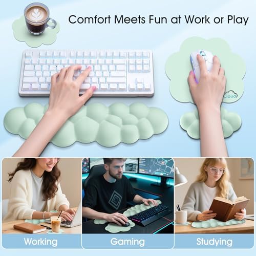 Cloud Wrist Rest Keyboard Cushion and Cloud Mouse Pad, Light Green | 4-in-1 Ergonomic Cloud Keyboard Wrist Rest Set, Memory Foam, Arm Support for Palm, Cute Desk Accessory for PC Gaming Setup - Image 6