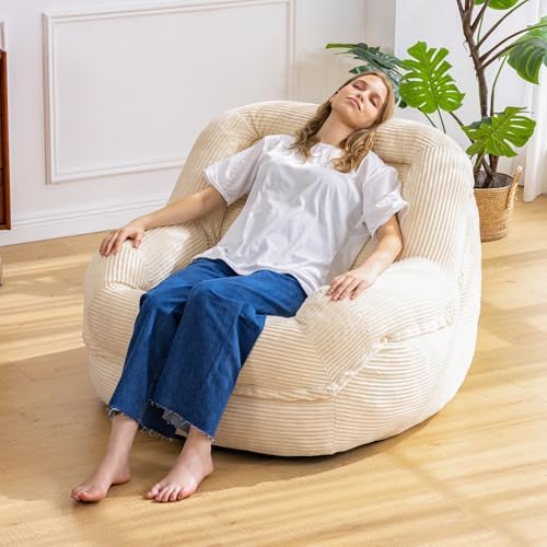Giant Bean Bag Chair for Adults, Oversized Floor Lounge Chair with Armrests | White, soft corduroy and resilient foam for living rooms, bedrooms, reading nooks, gaming rooms, movie nights, and pets by SnugSofeeFoamSofa