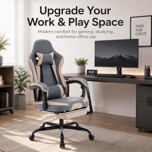 Gaming Desk Chair for Adults, Ergonomic Gaming Chair (Beige+Blue) | with Footrest & Headrest and Lumbar Support, Leather Material Height Adjustable computer Video Game Chairs - Image 5