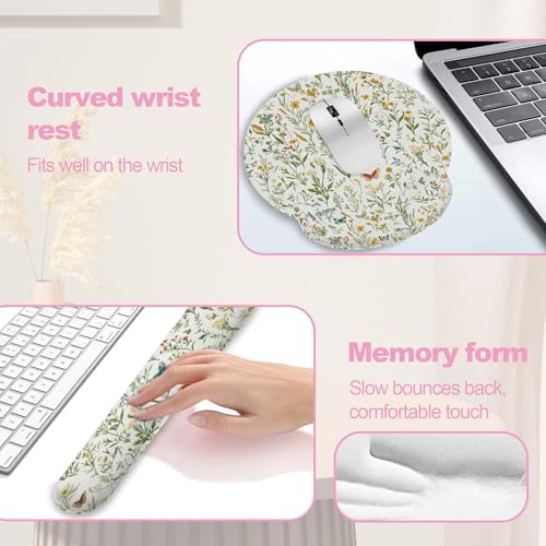 Wildflowers Butterfly Mouse Pad with Wrist Rest and Keyboard Wrist Rest Set, Vintage Garden Plants Herb Flower Non-Slip Rubber Base Memory Foam Mouse Pad Set for Women, Office Desk Accessories, Gaming - Image 4