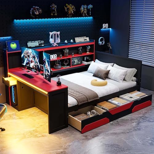 Merax Full Size Gaming Daybed with Integrated Desk and Lights, Wooden Platform Bed Frame with 3 Storage Drawers and Built-in Charging Station, Multi-Functional Headboard Shelves, No Box Spring Needed by Merax