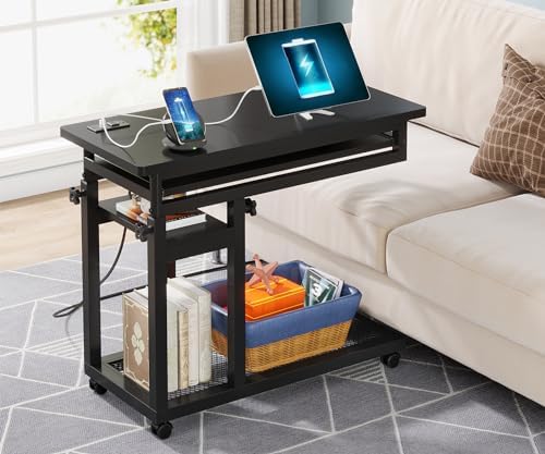 Tribesigns Small Portable Desk with Power Outlet, Height Adjustable Sofa Couch Bedside Laptop Table with Wheels, Mobile Standing Desk Rolling Computer Cart C Side Table with USB Ports by Unknown