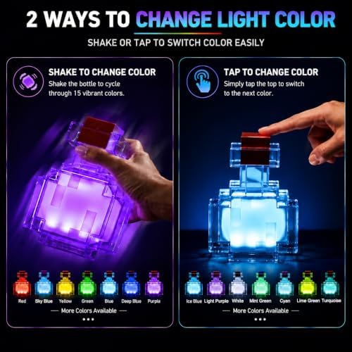 Pixel Style Potion Bottle Lamp 15 Color, Interactive RGB Night Light with Shake Activated Color Changing, USB Rechargeable Magic Potion LED Desk Lamp for Room Decor, Kids Boys Gaming Fans Gifts - Image 2