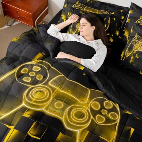 Erosebridal Gaming Comforter Sets for Boys, Video Games Bedding Set 7-Piece King Size | Modern Gamer Sheet Sets with Comforter Teens Gamepad Ombre Square Bed in A Bag, Yellow - Image 7