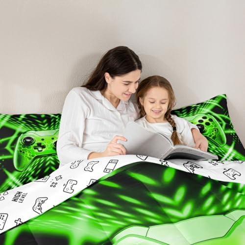 Feelyou Kids Gamer Bedding Set Queen Size Geometric Game Controller Comforter Set for Boys Girls Teens Game Room Decor Green Black Gaming Duvet Quilt - Image 6