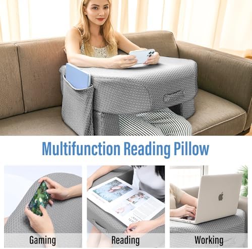 LEBENGURU Reading Pillow for Laptop, Extra Large Armrest for Bed, Grey - Image 6
