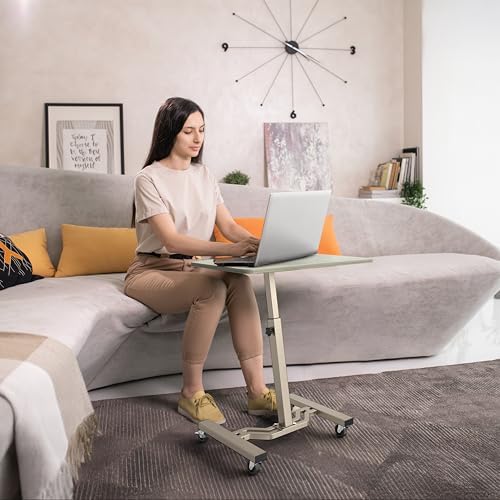 SHW Mobile Height Adjustable Laptop Rolling Cart w/Lockable Wheels, Maple - Image 2