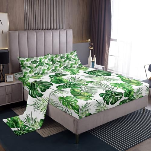 Erosebridal Palm Leaves Bed Sheets Hawaiian Sheet Set Monstera Banana Leaves Bedding Set King Size Summer Tropical Leaves Fitted Sheet for Living Room Bedroom Decor, Green White Flat Sheet by Erosebridal