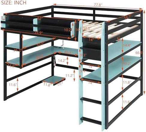 DNYN Gaming Loft Bed with Built-in Desk and Storage Shelves for Teens/Adults Bedroom, Space-Saving Full Size Wooden Bed Frame with LED & Side Race, No Box Spring Needed - Image 2