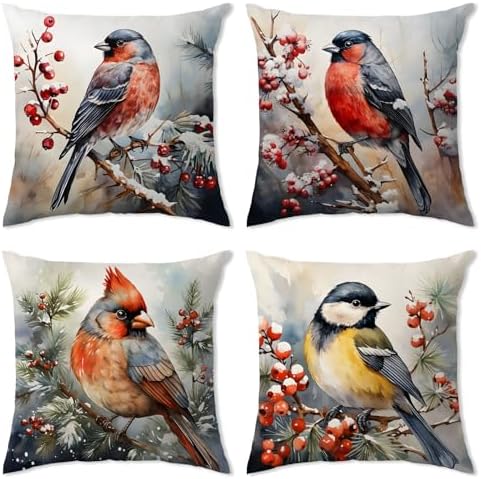 Birds Pillow Covers Watercolor Flying Animals Throw Pillow Cover for Couch Woodland Nursery Red Cardinal Pillowcase Decorative Farmhouse Snowy Nature Scenery Bed Sofa Home Decorations 18x18 Set of 4 by YOOOAHU