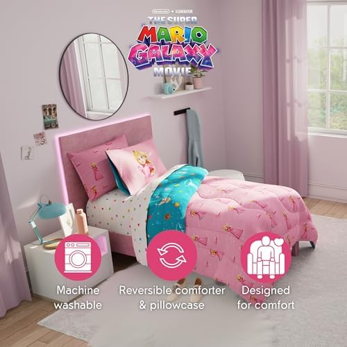 The Super Mario Galaxy Movie Bedding Set, Twin Size 5 Piece Set Kids Super Soft Cozy Reversible Comforter and Sheet Set with Sham, Princess Peach (100% Officially Licensed Product) by Franco - Image 3