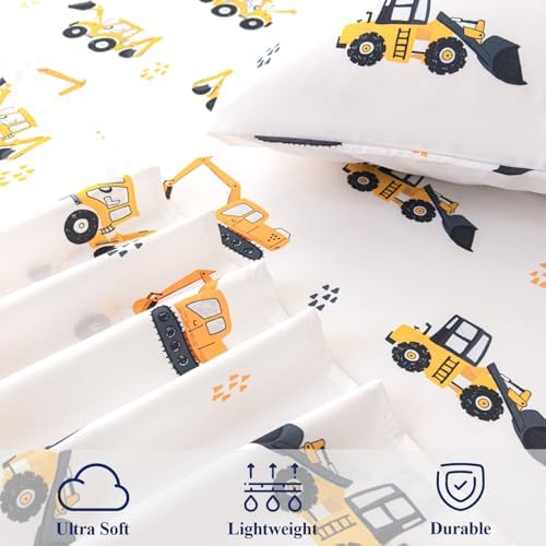 WINLIFE Kids Sheet Set Twin Size 3 Pieces Yellow Excavator Car Printed - Image 4