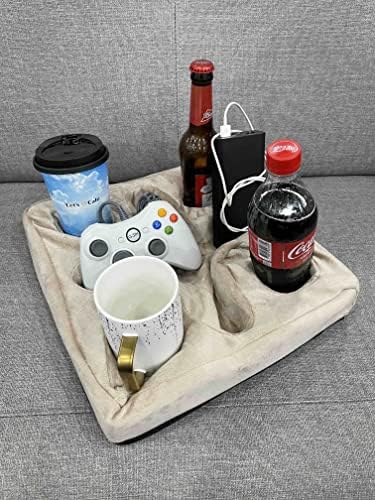 Couch and Bed Cup Holder Pillow, Sofa Refreshment Tray for Drinks/Remote Control/Snacks Holder (Beige) - Image 2