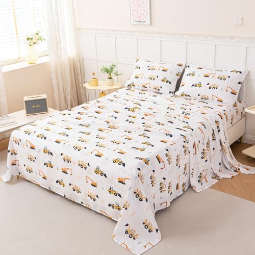 WINLIFE Kids Sheet Set Twin Size 3 Pieces Yellow Excavator Car Printed - Image 2
