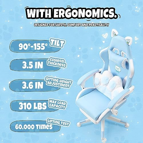 Vigosit Cat Ears Gaming Chair - Ergonomic PU Leather Office Chair, Cute Chair with Footrest for Adult 310lbs Capacity, 90°-155° Reclining paw Pillow, Blue - Image 6