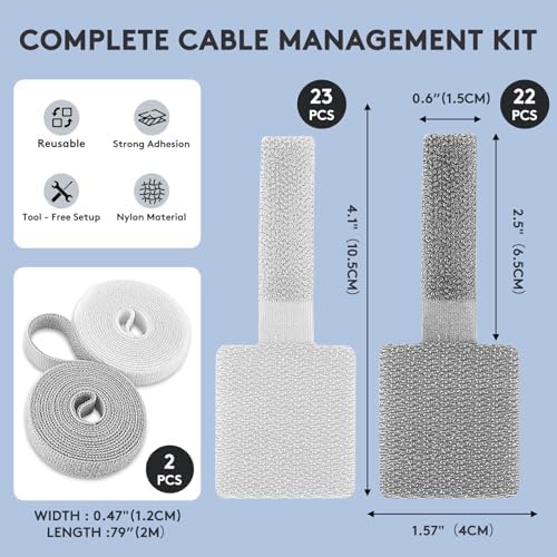 Adhesive Under Desk Cable Management Kit - 45 PCS Sticky Back Velcro Ties + 2 Rolls Extension Straps for No Drill Cord Organization, Home Office (Mixed Colors) - Image 4