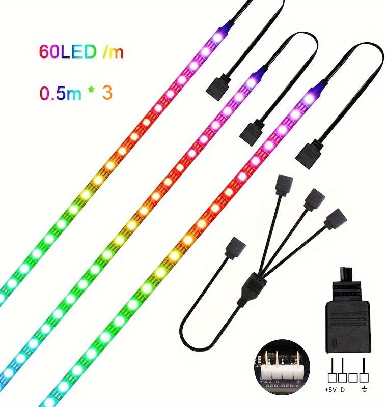RGB Strip Light for PC Case, 3x19.7in 90LEDs Addressable LED Strip for Motherboard 5V 3-Pin Header Gaming Case DIY Lighting - Image 6