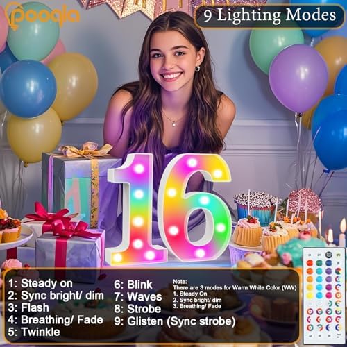 Pooqla 16th Birthday Decorations for Girls Boys, 35 Colors LED Light Up Numbers with Remote, Color Chaning Marquee Numbers Gift for Sweet 16 Party Decoration Wedding Anniversary Decor, Number 16 - Image 3