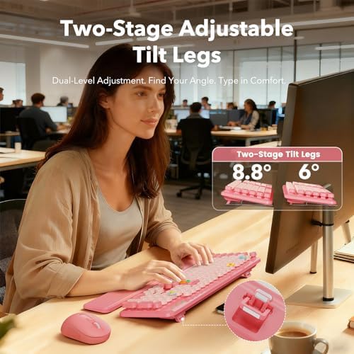 Wireless Keyboard and Mouse Combo, Cute Full-Size Retro Typewriter Keyboard with Round Keycaps, Magnetic Wrist Rest, Tilt Legs, 2.4GHz Cordless for Mac, Windows PC, Laptop, SABLUTE CK23, Baby Pink - Image 3